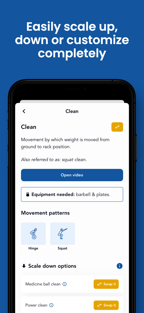 The WOD Generator: Workout - Exercise detail screen in The WOD Generator app showing the Clean movement definition and scaling options.