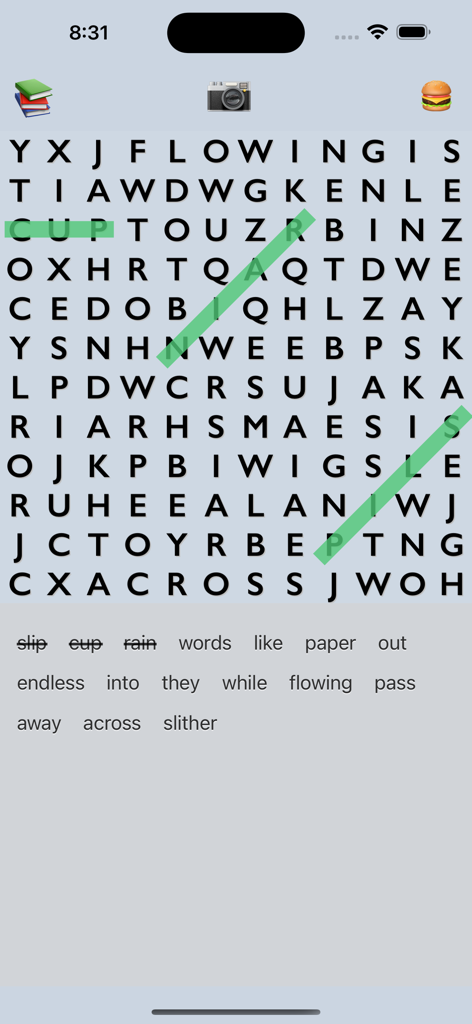 Find the words - Find the words app interface showing a word search puzzle with found words highlighted in green