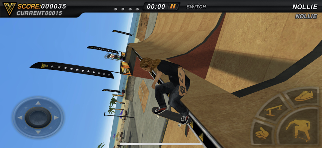 Skateboard Party - A skater performing a trick on a halfpipe ramp in the Skateboard Party mobile game