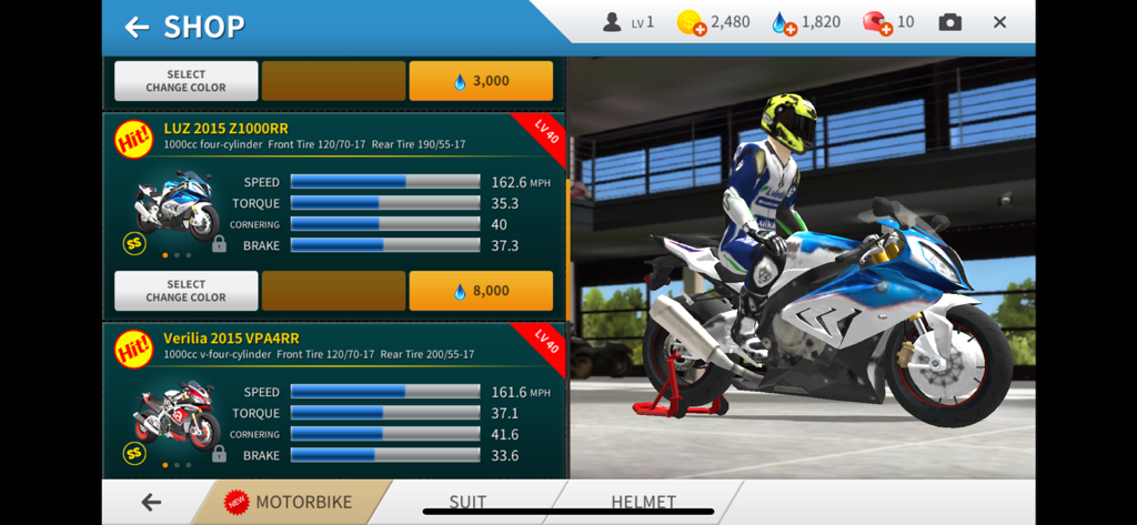 Real Moto shop interface displaying motorbike models and performance stats