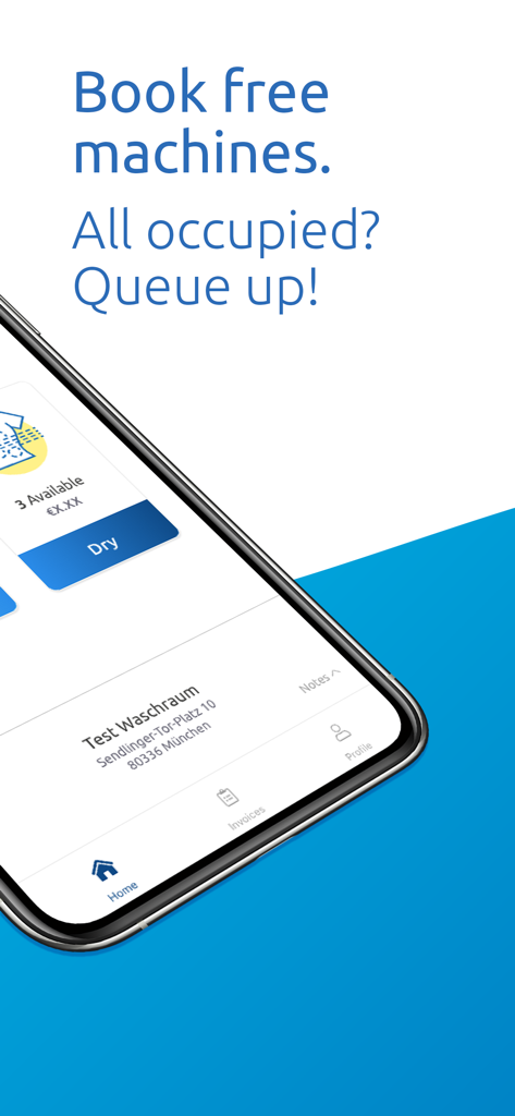WeWash - Interfaccia dell'app mobile WeWash che mostra la prenotazione delle lavatrici e le funzioni della coda virtuale.