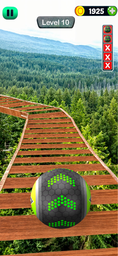 Going Balls - Rolling Sky Game - Una bola con patrones rueda sobre una pista de madera sobre un paisaje forestal escénico en Going Balls
