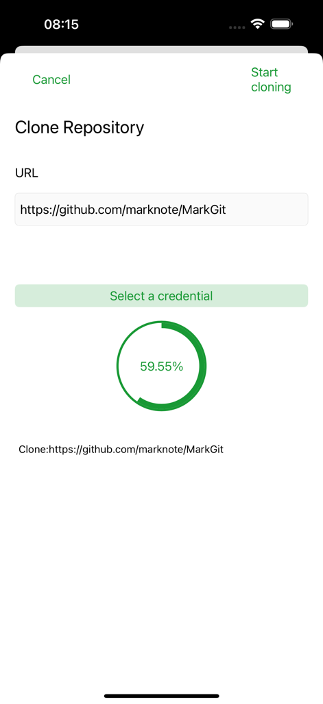 MarkGitアプリのインターフェースのスクリーンショット。GitHubからGitリポジトリをクローンする進行状況を示しています。