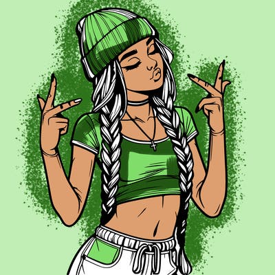 realistic teenage girl with braids and a beanie and crop top doing 🫶🏼
