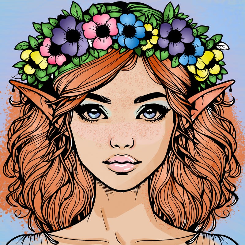 realistic female elf with flower crown