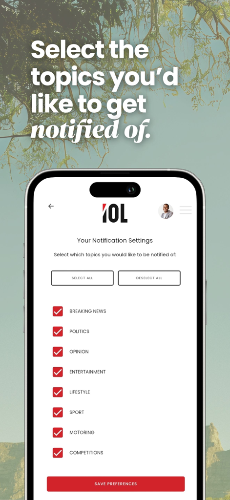 Tela de configurações de notificação no aplicativo IOL News permitindo que os usuários selecionem tópicos como política, esportes e estilo de vida
