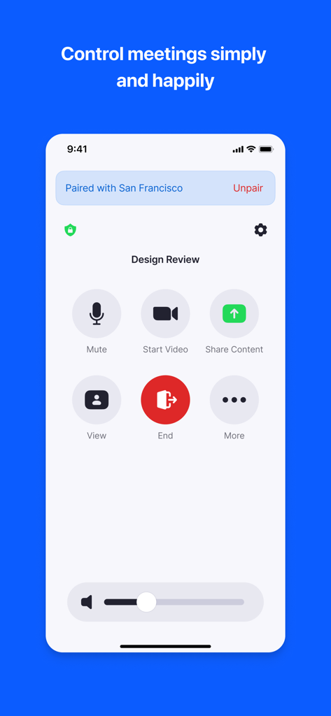 Zoom Rooms mobile app interface showing meeting controls for a paired office room.