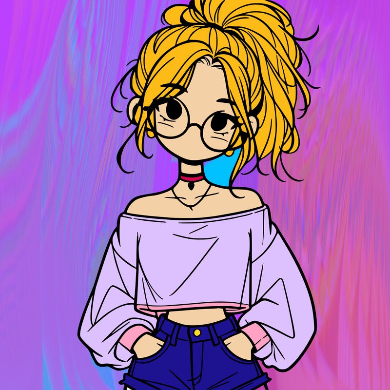 girl with a messy ponytail glasses a baggy crop top and jean shorts