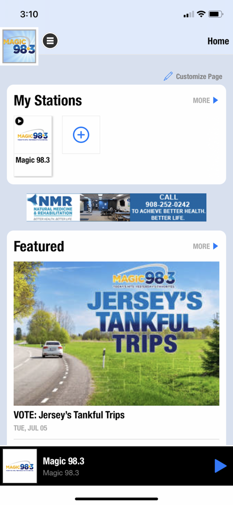 Magic 98.3 App - Magic 98.3 radio app home screen showing local Central Jersey content and featured radio stations