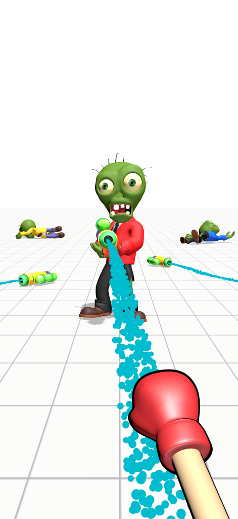 Smash Zombie Punching Games - A first-person view of a red boxing glove aiming at a funny green zombie wearing a red suit in a cartoon game.