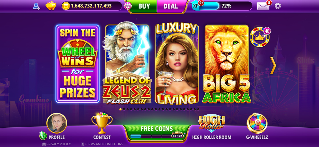 Menú principal del lobby de Gambino Slots mostrando varias opciones de juego, incluyendo Legend of Zeus y Big 5 Africa
