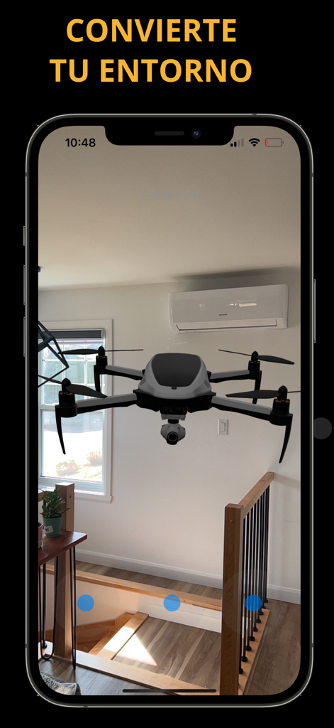 AR drone model hovering inside a house viewed through a smartphone app interface