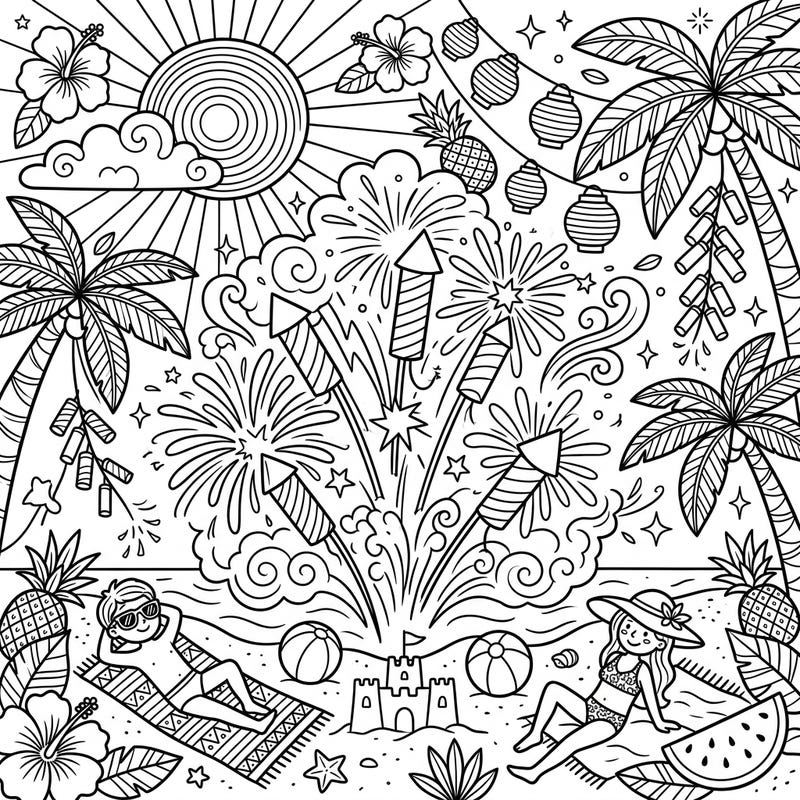 Ignite your creativity with this lively Firecrackers x Summer coloring page, bursting with festive explosions over a sunny beach scene. Enjoy coloring palm trees, sandcastles, and relaxing beach-goers as you celebrate the vibrant energy of summer.