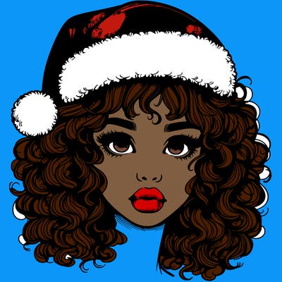 realistic girl with a santa hat curly hair and lips