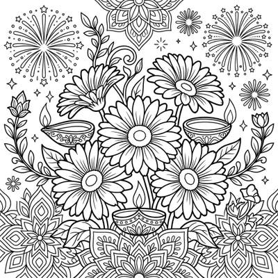 Immerse yourself in the festive spirit of Diwali with this stunning Gerbera Daisies coloring page. Featuring traditional diyas and celebratory fireworks, it's perfect for bringing joy and color to your holiday.