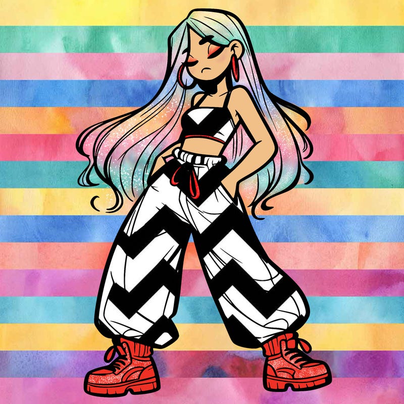 girl in baggy pants crop top and long hair