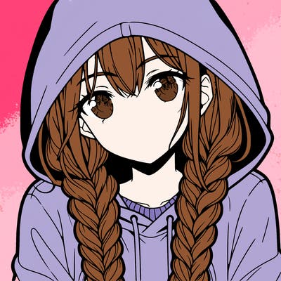 anime girl with long braids and hoodie