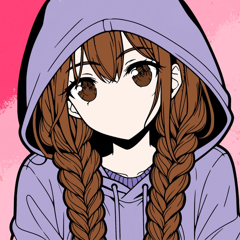 anime girl with long braids and hoodie