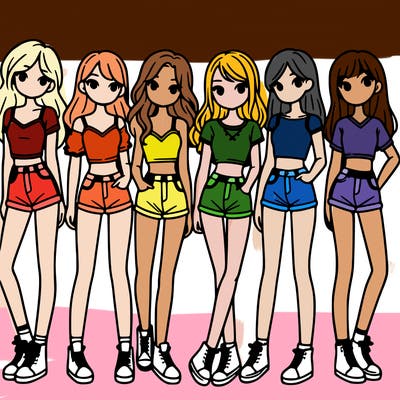 a group of girls wearing crop tops and shorts