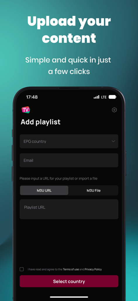 Smart TV Club - Interface of Smart TV Club app showing the Add Playlist screen to upload M3U playlists and URLs