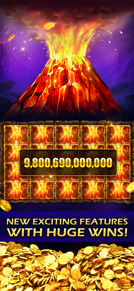 Royal Jackpot Slots & Casino - A volcano themed slot machine game screen featuring a massive trillion coin jackpot win.
