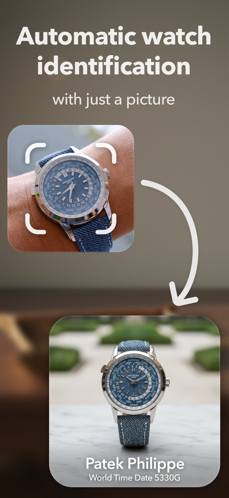 tickIQ: Measure, Track Watches - 사진에서 파텍 필립 월드 타임 데이트의 자동 시계 식별을 보여주는 tickIQ 앱 스크린샷