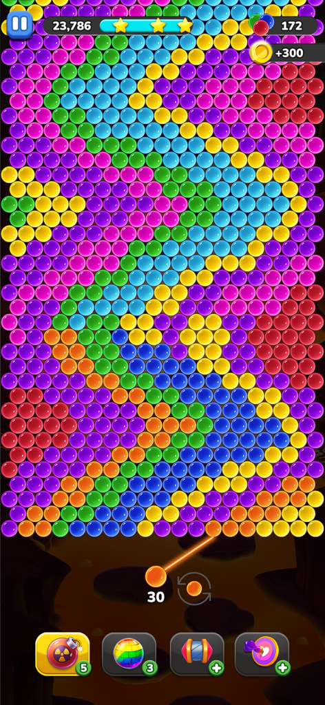 Bubbles Shooter - A colorful Bubbles Shooter gameplay screen showing a wall of multicolored bubbles and power-up boosters at the bottom.