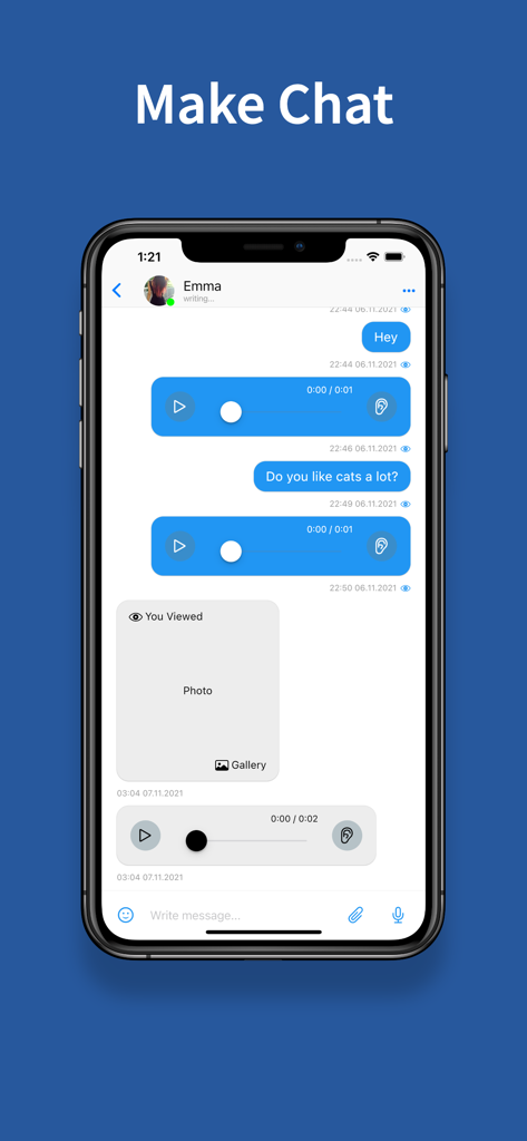 User interface of the Elele app showing a chat conversation with text and voice messages
