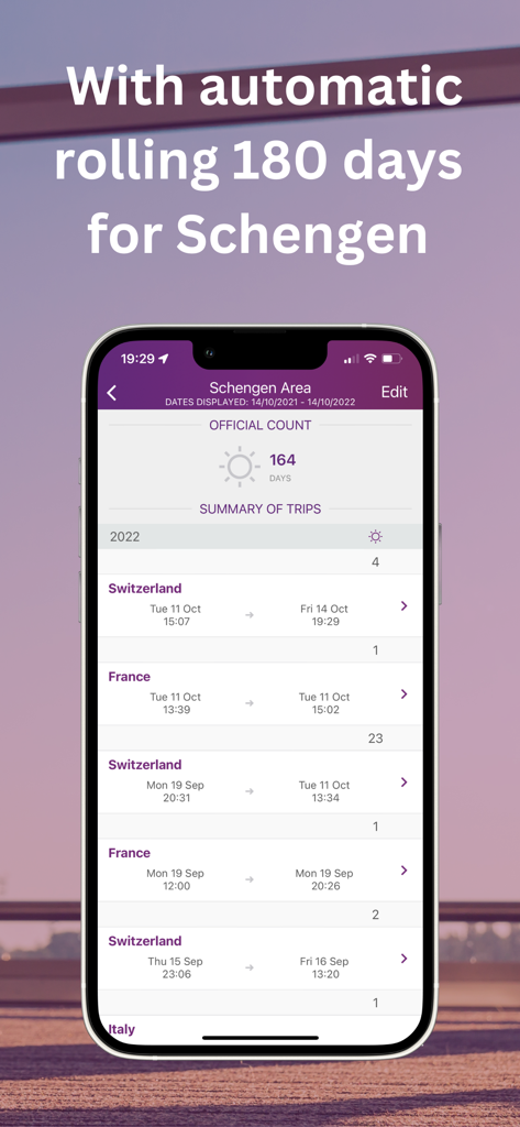 TrackingDays app interface displaying the automatic 180 day rolling count for Schengen Area travel compliance