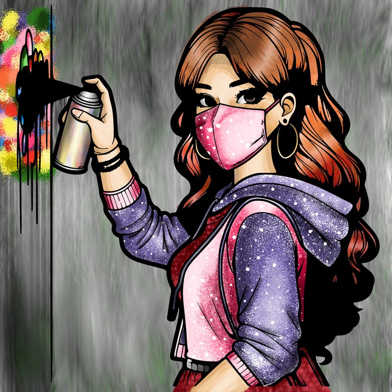 realistic girl with mask spray painting a wall