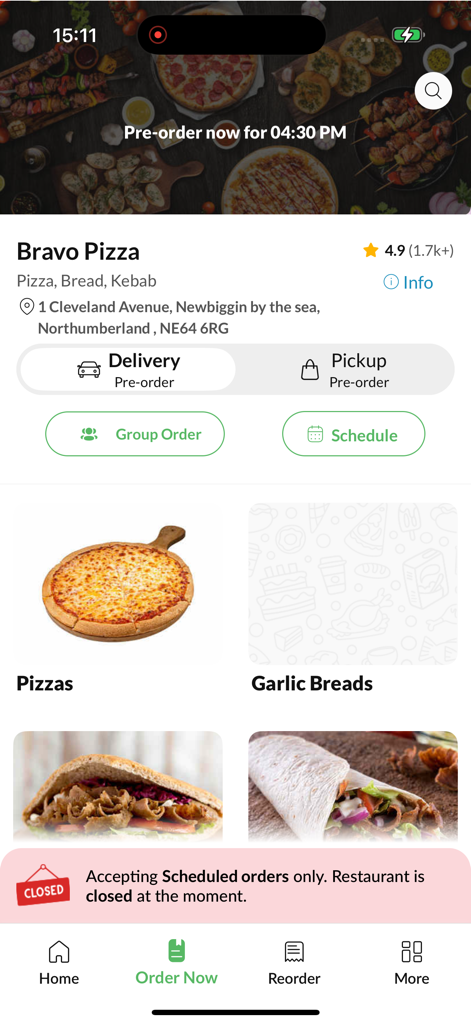 Bravo Pizza Newbigginbythesea - Mobile app screen for Bravo Pizza showing menu categories like Pizzas, Garlic Breads, and kebabs with options for delivery and pickup.