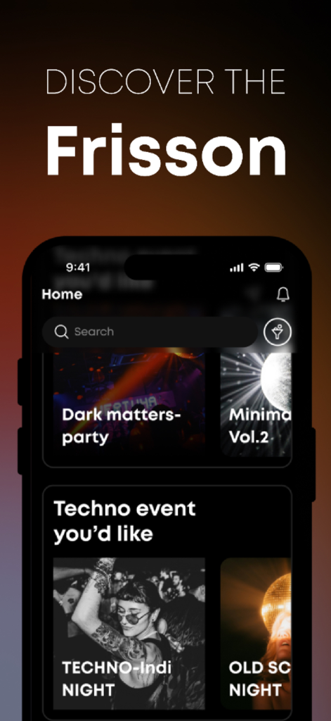 Frisson Events - Frisson app home screen displaying trending techno and indie music events.