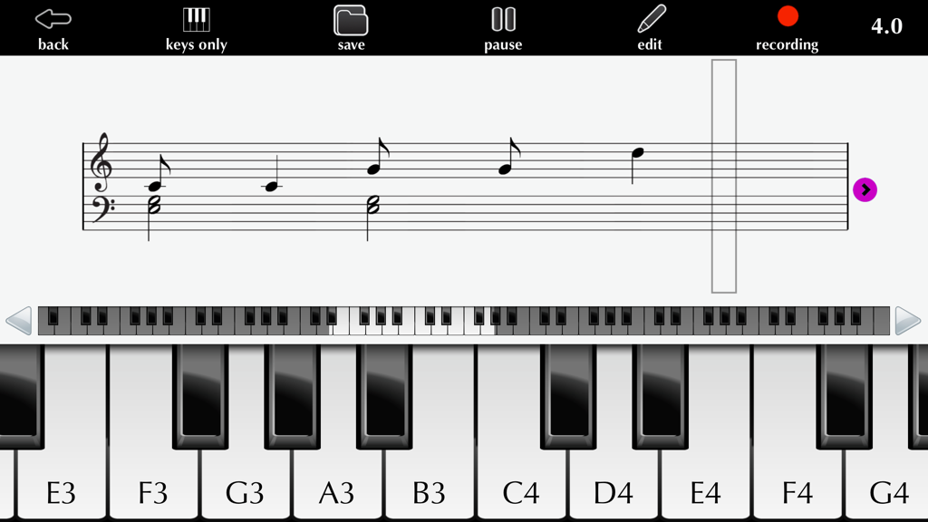 Piano With Songs- Learn to Play Piano Keyboard App - Un'interfaccia di pianoforte digitale che mostra spartiti con note e una tastiera virtuale con tasti etichettati per imparare canzoni