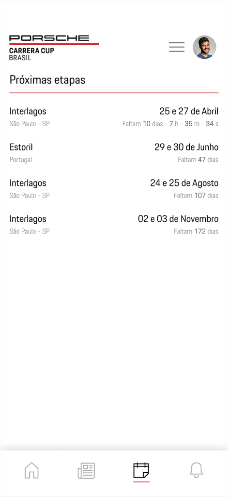 Porsche Cup Brasil 앱의 레이싱 일정 화면에는 예정된 이벤트 날짜와 장소가 표시됩니다.