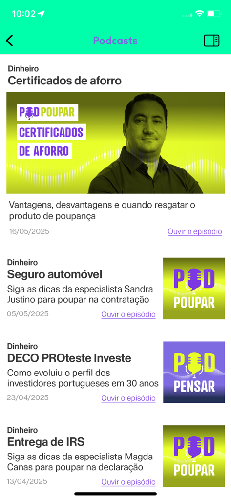 Interfaz móvil de la aplicación DECO PROteste Revistas que muestra una lista de podcasts de asesoramiento al consumidor sobre temas financieros