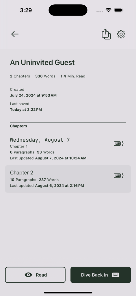 Jot Writer - Pantalla de la aplicación Jot Writer que muestra detalles del documento con recuento de palabras y lista de capítulos