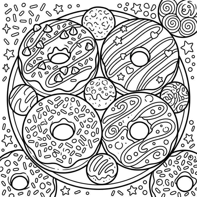 Dive into a world of deliciousness with this adorable chocolate doughnuts coloring page designed just for kids. Featuring various toppings and fun patterns, it's perfect for a sweet and creative activity.