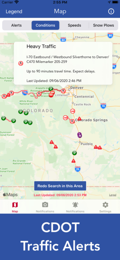 CDOT Colorado Road Conditions app map interface showing real-time traffic alerts and road conditions across Colorado