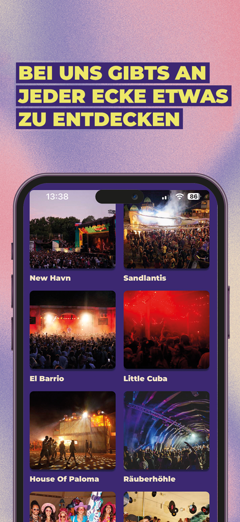 About You Pangea Festival - Smartphone screen showing the About You Pangea Festival app with a grid of themed event locations like New Havn and Sandlantis