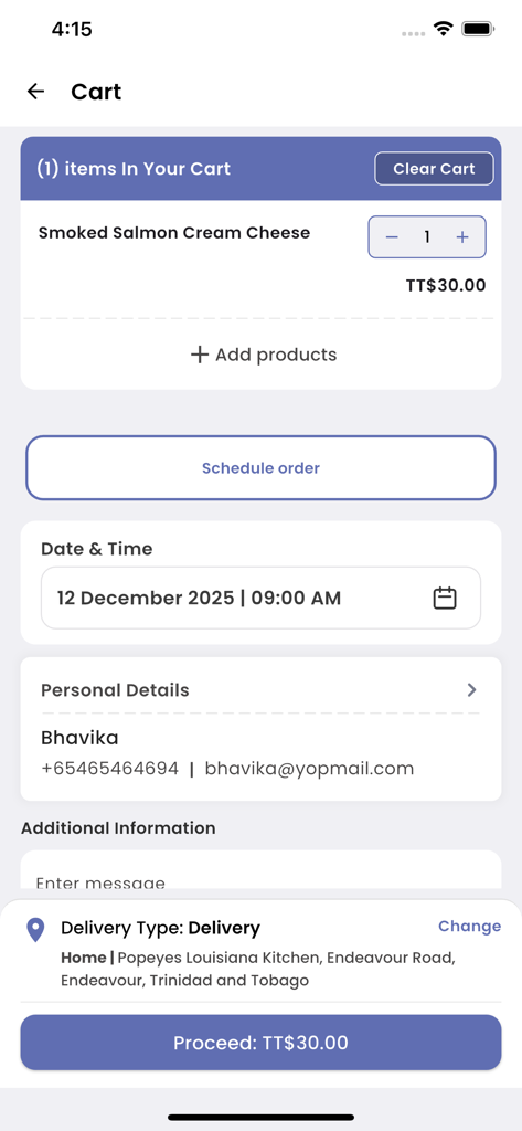 Shopping cart and checkout screen for foodDROP food delivery app