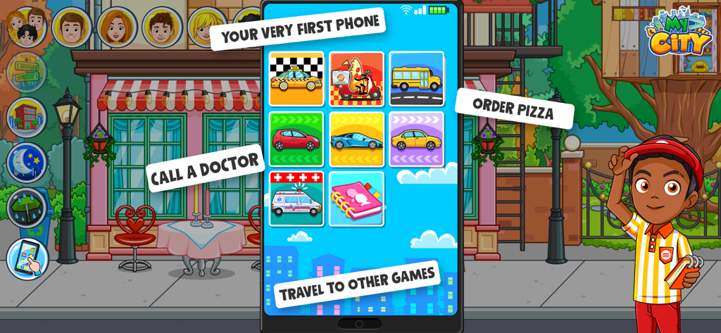 My City : Love Story - A gameplay screenshot showing a character next to a virtual phone interface with icons for taxis pizza delivery and an ambulance.