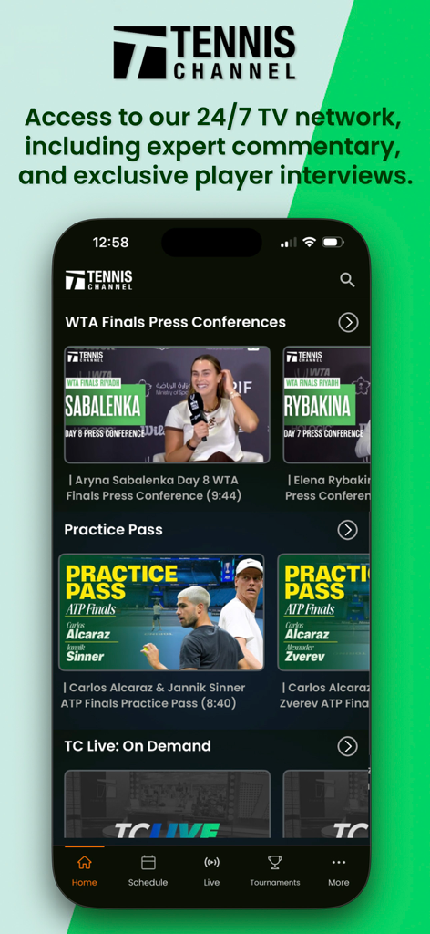 Tennis Channel - Tennis Channel app screen showing exclusive player interviews and practice sessions