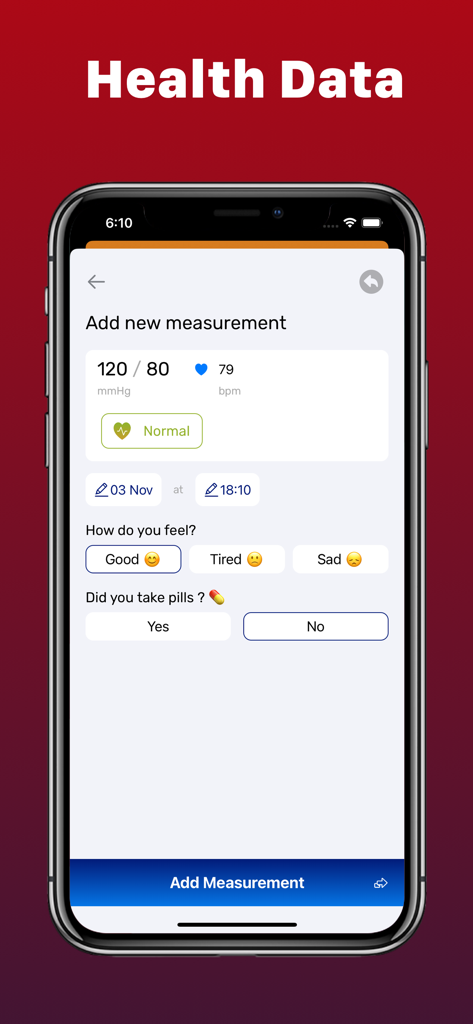 Smart : Blood Pressure app - Mobile app interface for adding a new blood pressure measurement with mood and medication tracking