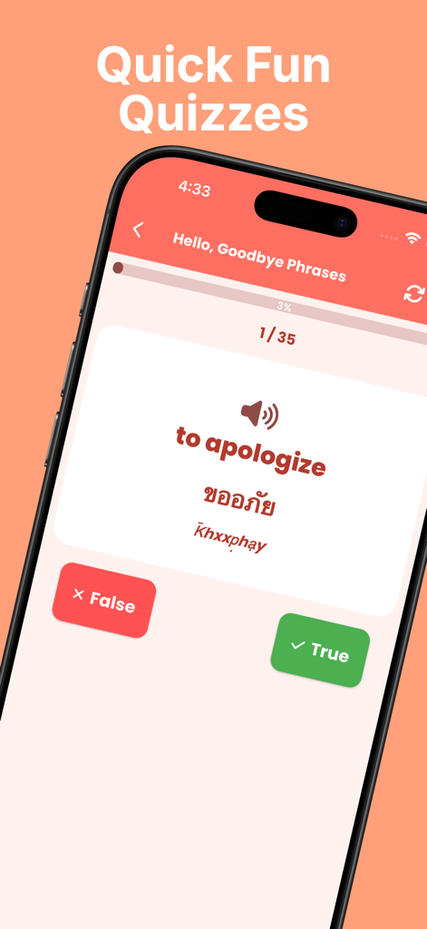 A mobile screenshot of the Learn Thai Beginners Offline app showing a true or false quiz for common phrases.