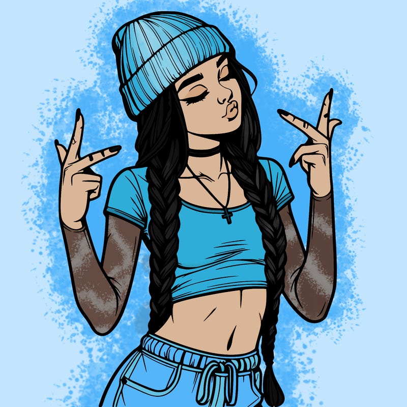 realistic teenage girl with braids and a beanie and crop top doing 🫶🏼