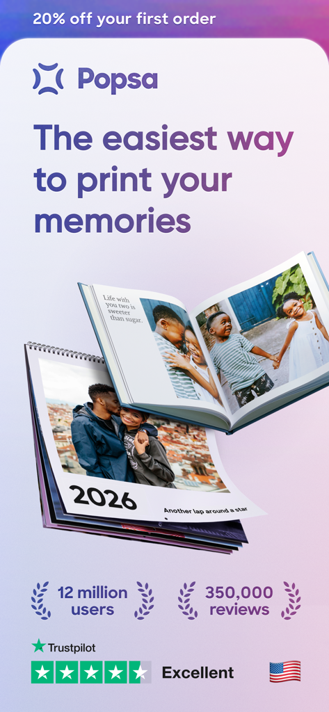 Popsa | Print Your Photos - Popsaモバイルアプリの画面。パーソナルフォトブックと2026年フォトカレンダー、ユーザーレビューと評価が表示されています