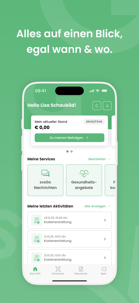 The svsGO app dashboard displaying insurance status, service shortcuts, and recent activity history.