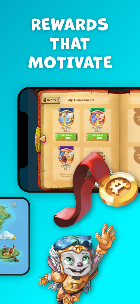 Aplicativo de jogo de matemática Matific mostrando medalhas de conquista, metas semanais e um personagem com uma medalha de ouro.