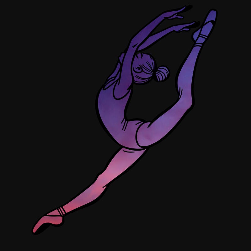 gymnast doing a leap in a leotard with a bent back leg