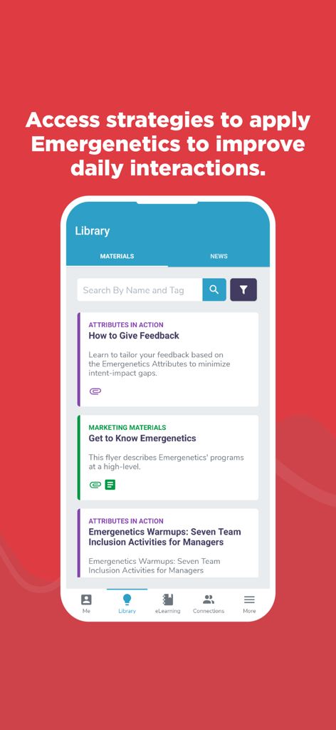 Emergenetics+ - Emergenetics plus app library screen showing professional development materials and communication strategies